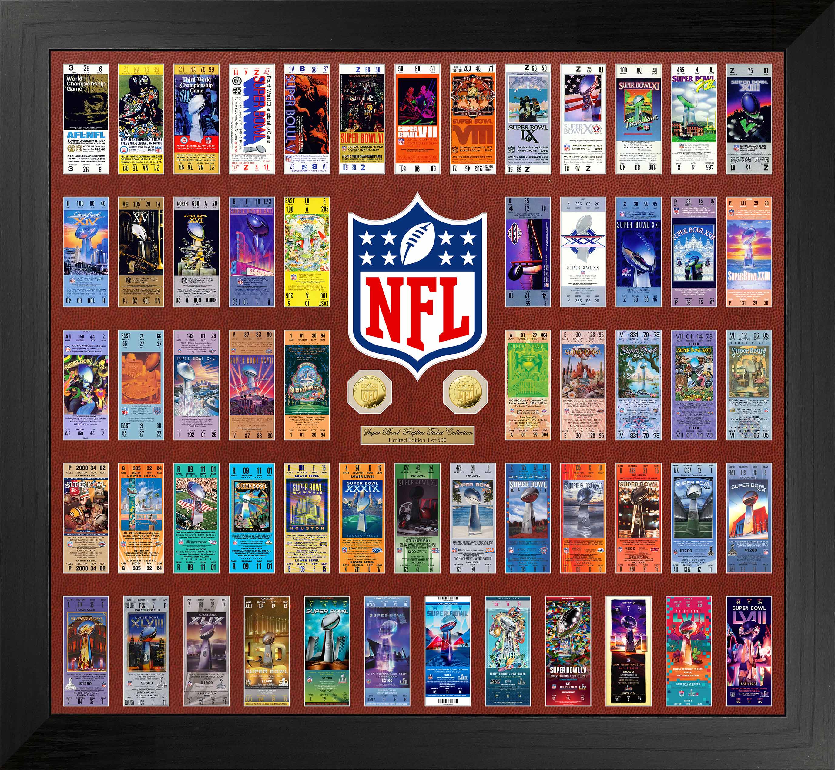 NFL 58 Super Bowl Tickets Collection Framed with Gold Coins - Sports Collectibles, Sports Memorabilia, Sports Fan Shop, Sports Gifts
