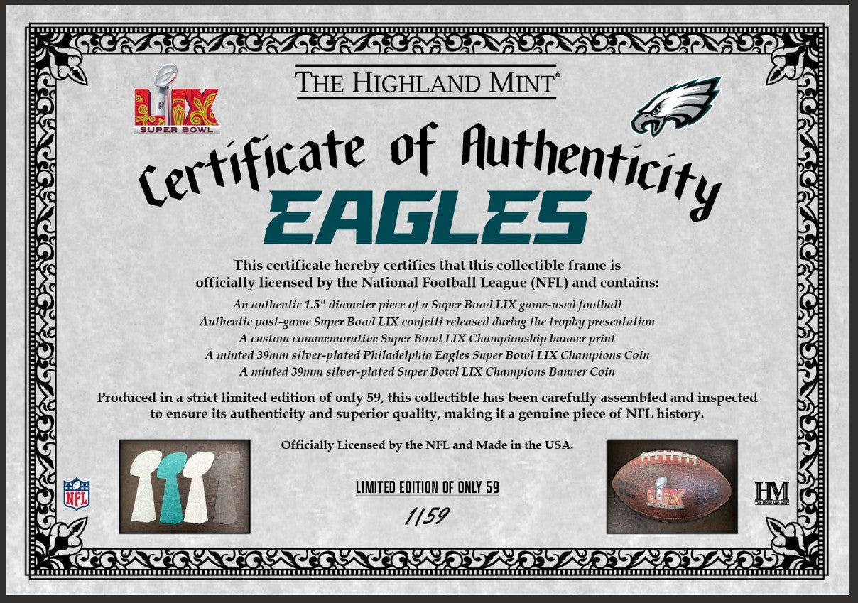 Eagles Super Bowl LIX Game Used Football and Confetti Championship Banner SE - Sports Gifts, Sports Memorabilia, Sports Collectibles, Fan Shop