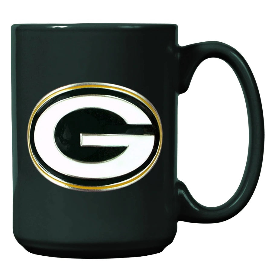 Green Bay Packers 15oz. Metal Emblem Logo Ceramic Mug - Sports Collectibles, Sports Memorabilia, Sports Fan Shop, Sports Gifts