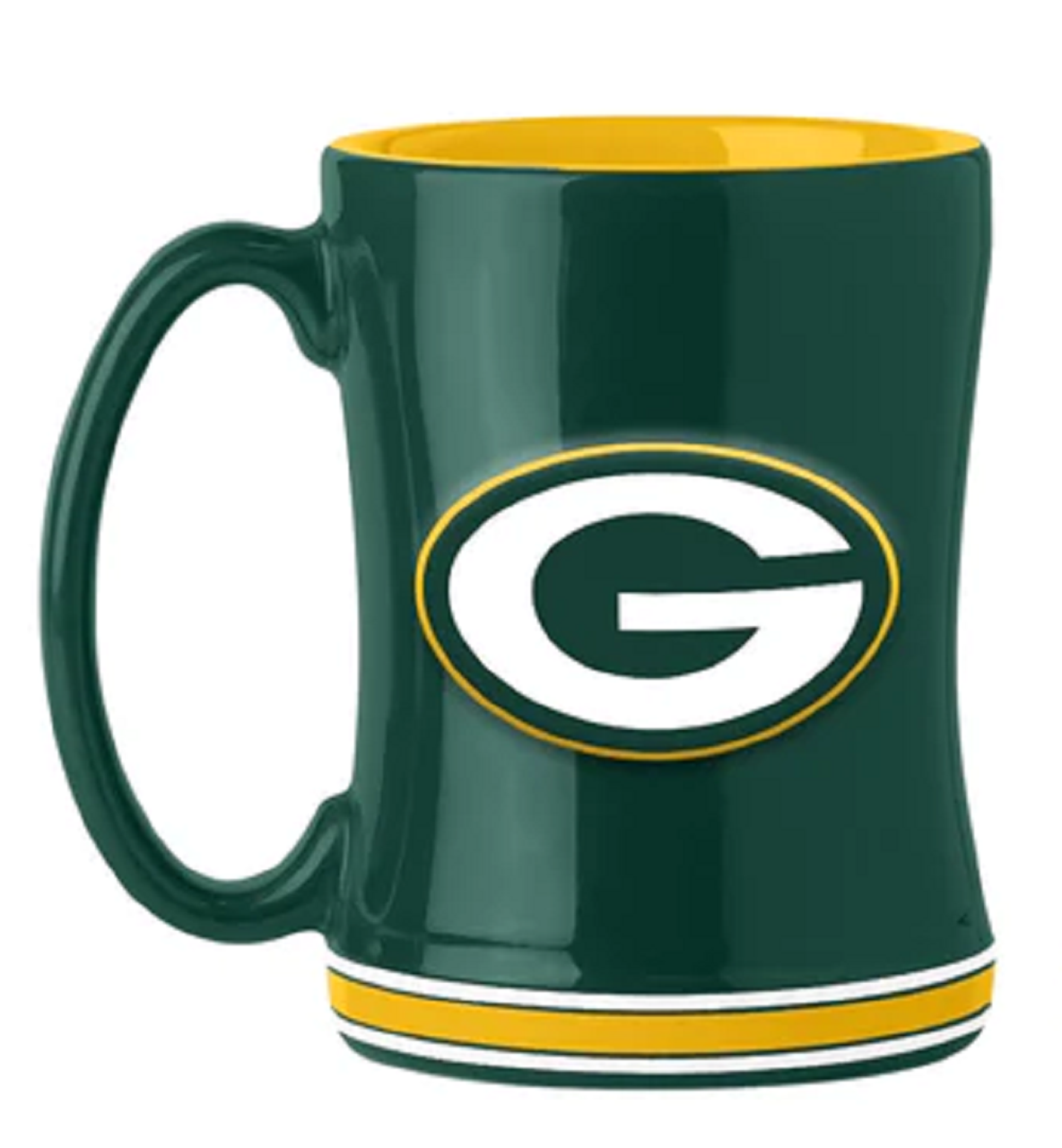Green Bay Packers Coffee Mug 14oz Sculpted Relief Team Color - Sports Collectibles, Sports Memorabilia, Sports Fan Shop, Sports Gifts