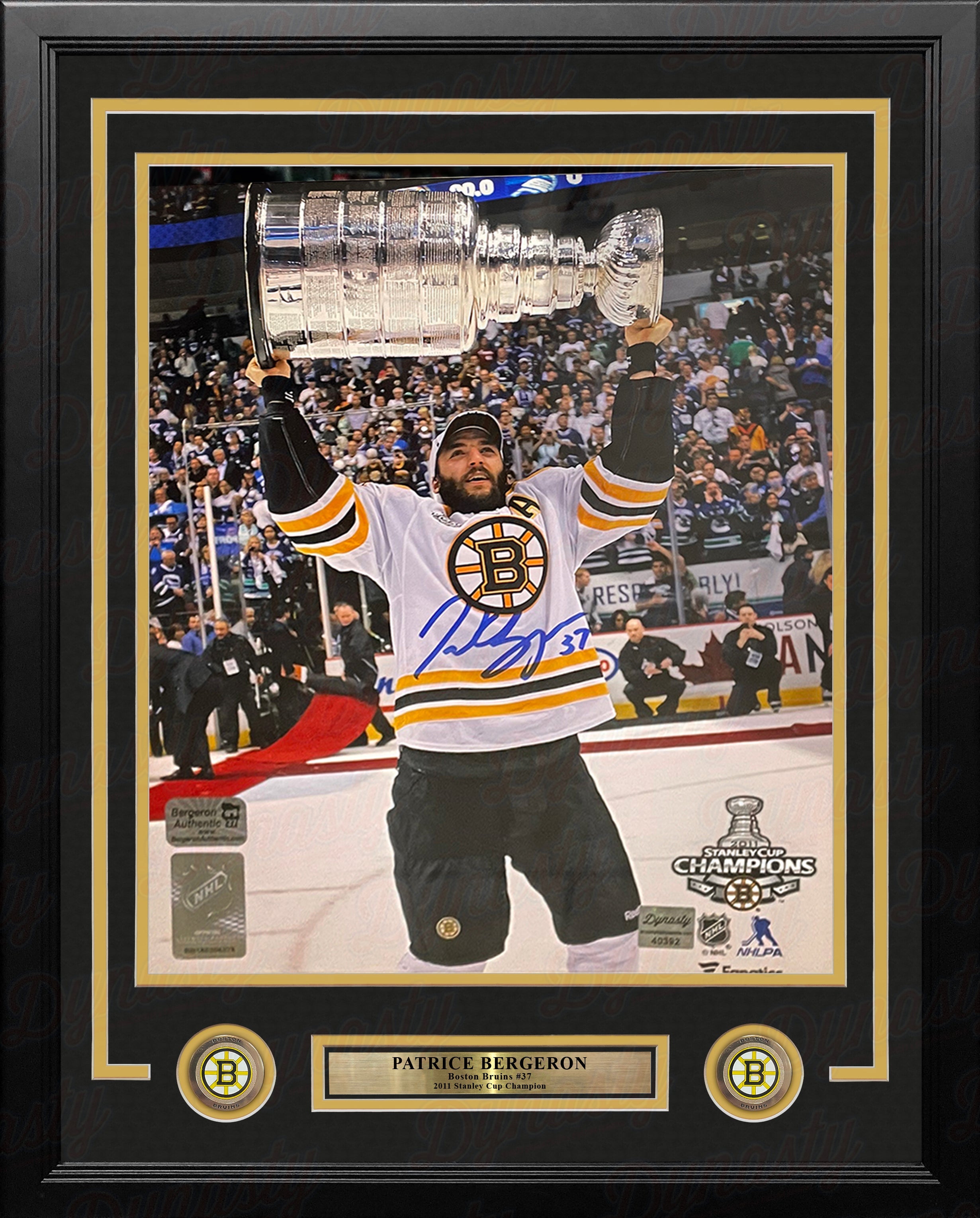Patrice Bergeron 2011 Stanley Cup Boston Bruins Autographed 16" x 20" Framed Hockey Photo - Sports Collectibles, Sports Memorabilia, Sports Fan Shop, Sports Gifts