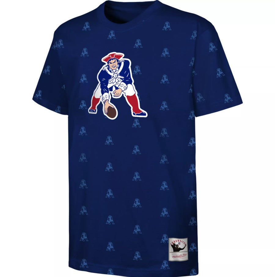 New England Patriots Mitchell & Ness All-Over Print Blue Youth T-Shirt - Sports Collectibles, Sports Memorabilia, Sports Fan Shop, Sports Gifts