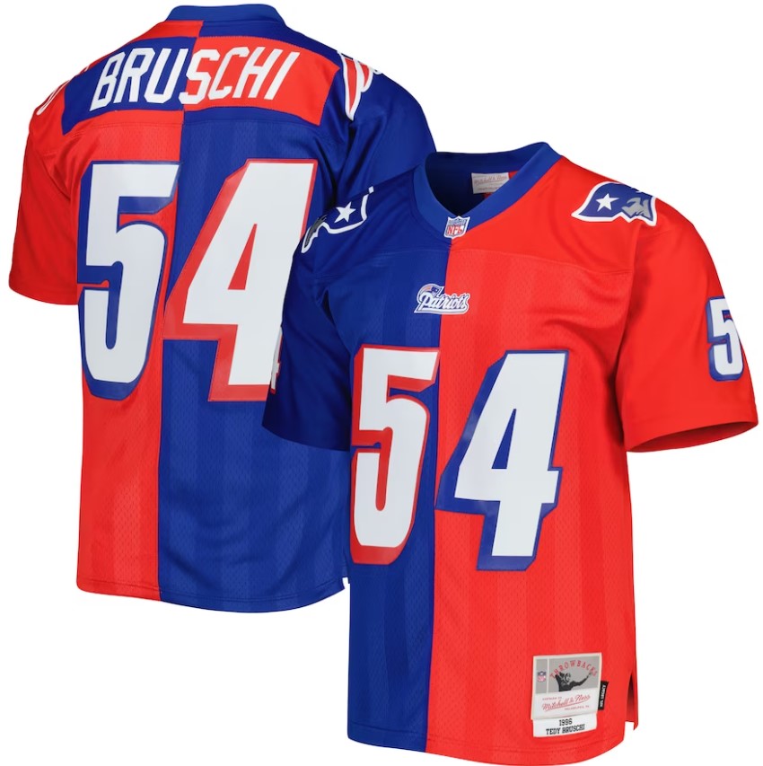Tedy Bruschi New England Patriots Mitchell & Ness Royal/Red 1996 Split Legacy Jersey - Sports Collectibles, Sports Memorabilia, Sports Fan Shop, Sports Gifts