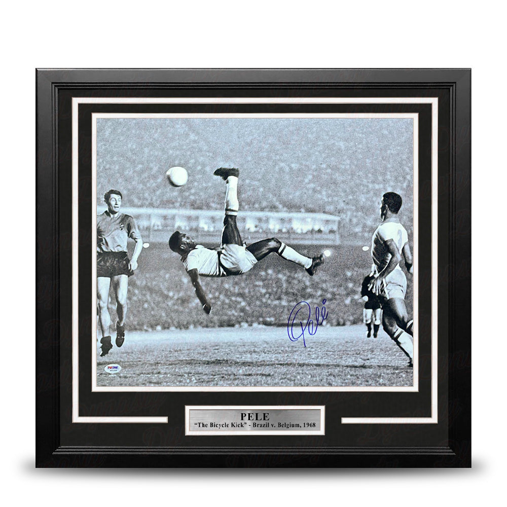 Pele Bicycle Kick, Brazil v. Belgium Autographed Soccer 16" x 20" Framed and Matted Photo - Sports Collectibles, Sports Memorabilia, Sports Fan Shop, Sports Gifts