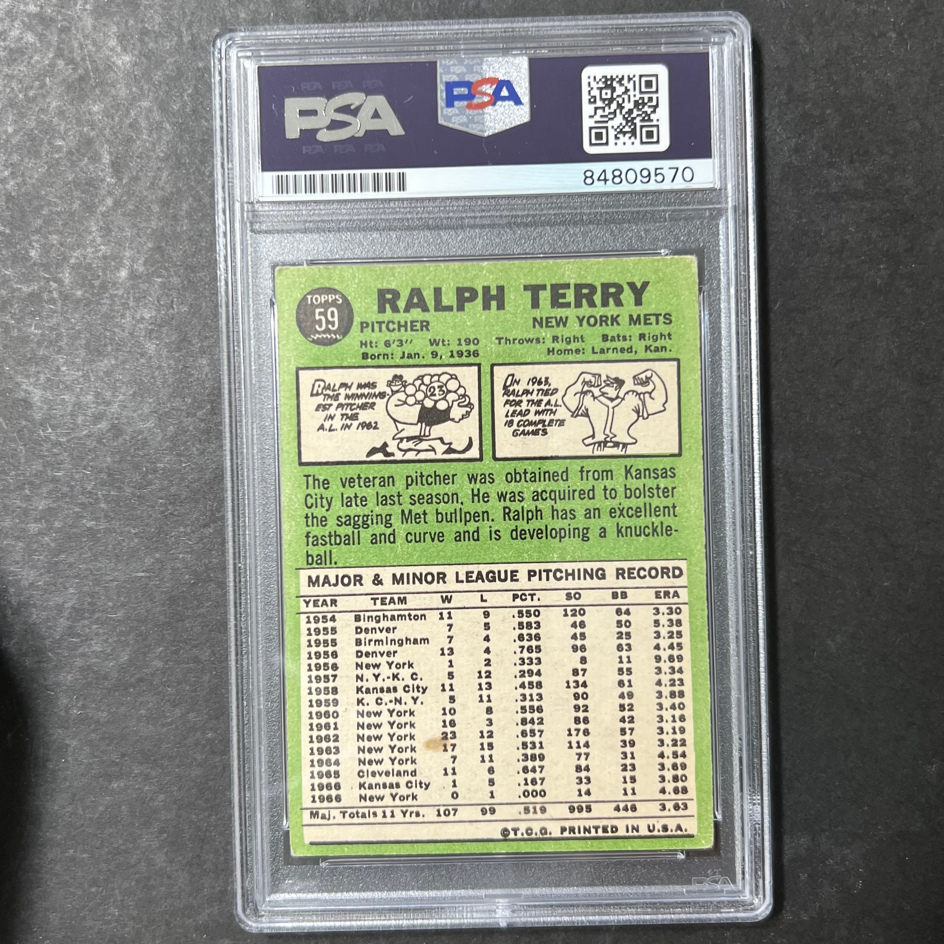 1967 Topps #59 Ralph Terry Signed Card PSA Slabbed Auto Mets - Sports Collectibles, Sports Memorabilia, Sports Fan Shop, Sports Gifts