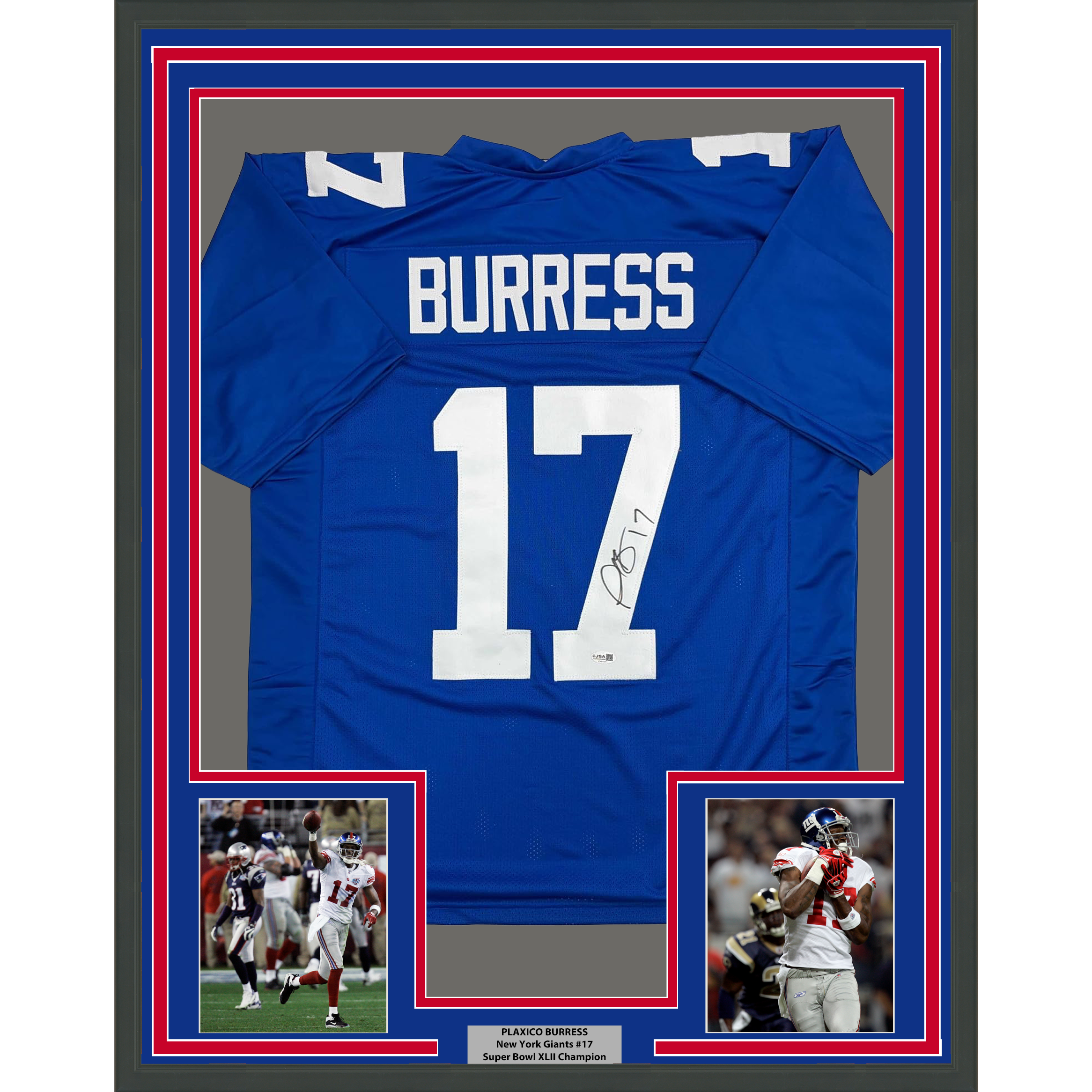 Framed Autographed/Signed Plaxico Burress 35x39 New York Blue Football Jersey JSA COA