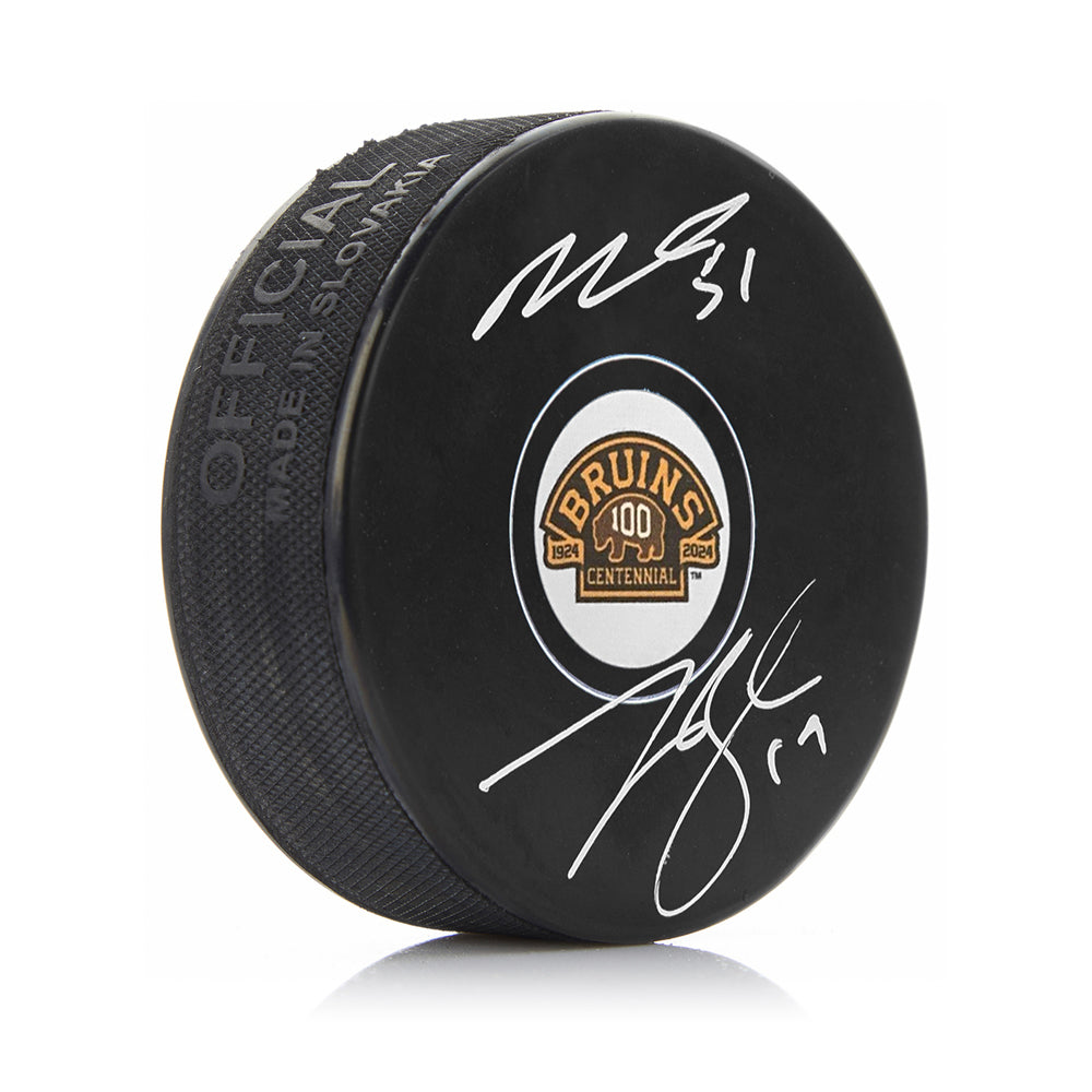 Matthew Poitras & Johnny Beecher Autographed Boston Bruins 100th Anniversary Hockey Logo Puck - Sports Collectibles, Sports Memorabilia, Sports Fan Shop, Sports Gifts