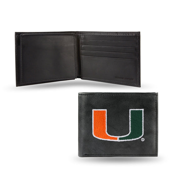NCAA  Miami Hurricanes  Embroidered Genuine Leather Billfold Wallet 3.25" x 4.25" - Slim