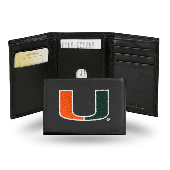 NCAA  Miami Hurricanes  Embroidered Genuine Leather Tri-fold Wallet 3.25" x 4.25" - Slim