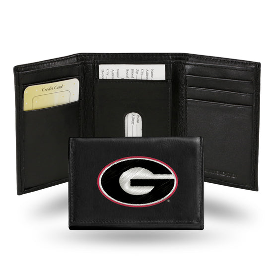 NCAA  Georgia Bulldogs  Embroidered Genuine Leather Tri-fold Wallet 3.25" x 4.25" - Slim