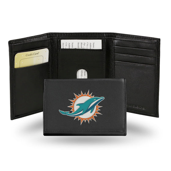 NFL Football Miami Dolphins  Embroidered Genuine Leather Tri-fold Wallet 3.25" x 4.25" - Slim