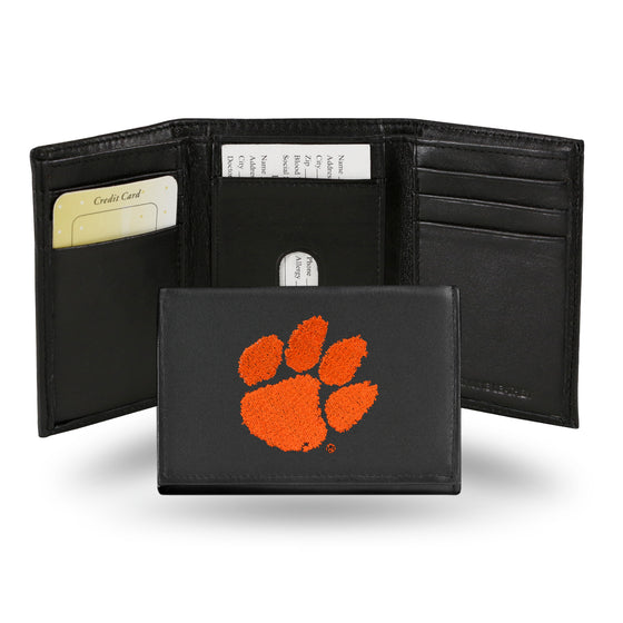 NCAA  Clemson Tigers  Embroidered Genuine Leather Tri-fold Wallet 3.25" x 4.25" - Slim