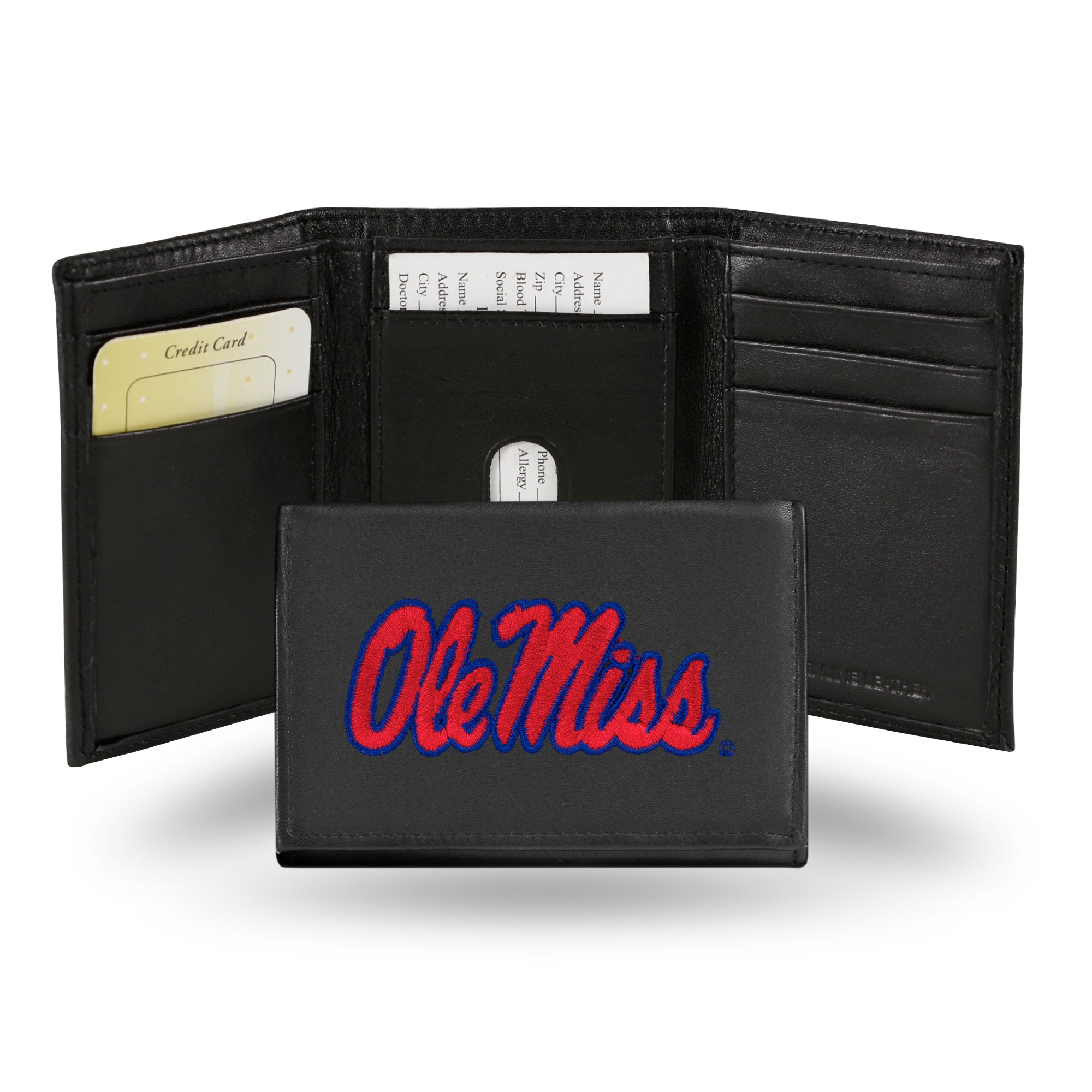NCAA  Mississippi Rebels Ole Miss Embroidered Genuine Leather Tri-fold Wallet 3.25" x 4.25" - Slim
