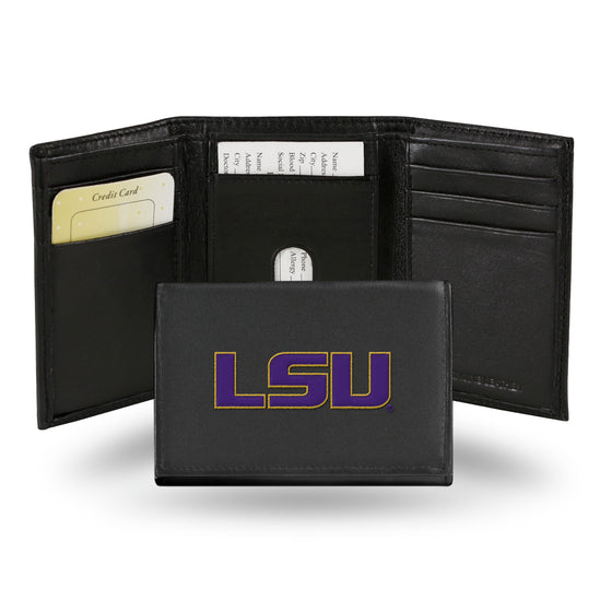 NCAA  LSU Tigers  Embroidered Genuine Leather Tri-fold Wallet 3.25" x 4.25" - Slim