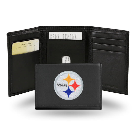 NFL Football Pittsburgh Steelers  Embroidered Genuine Leather Tri-fold Wallet 3.25" x 4.25" - Slim