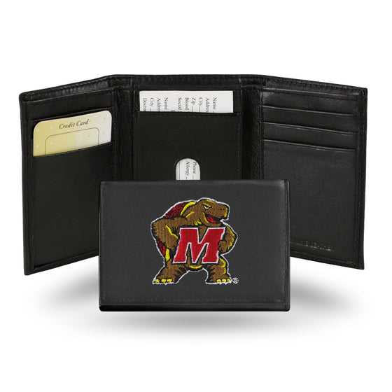 NCAA  Maryland Terrapins  Embroidered Genuine Leather Tri-fold Wallet 3.25" x 4.25" - Slim