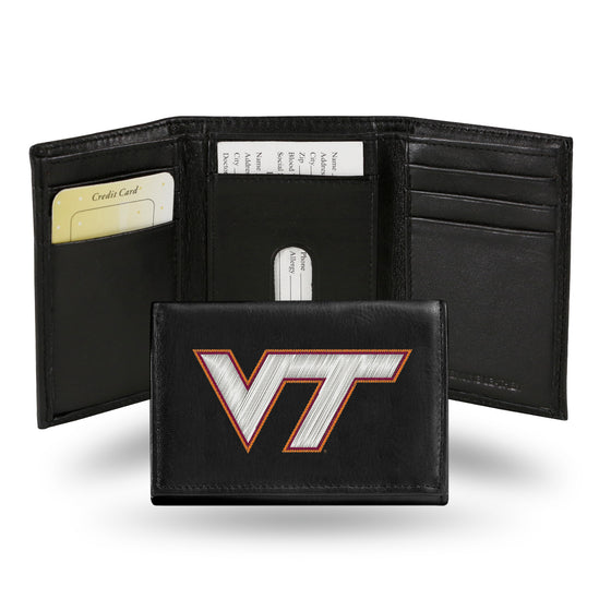 NCAA  Virginia Tech Hokies  Embroidered Genuine Leather Tri-fold Wallet 3.25" x 4.25" - Slim