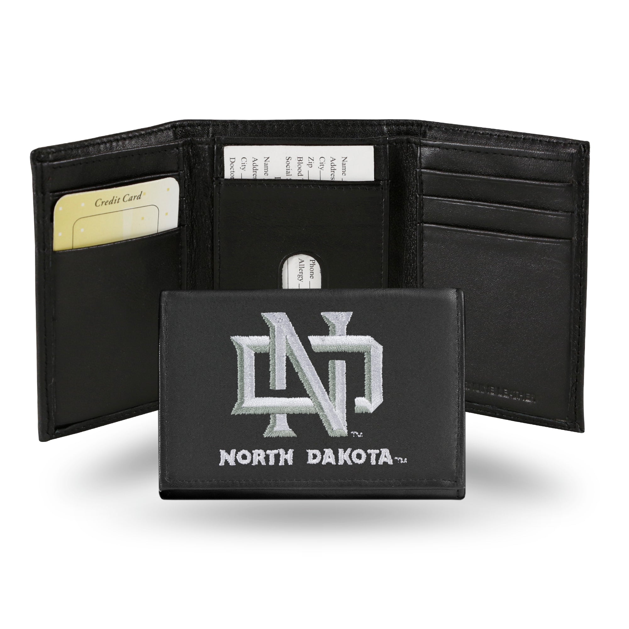 NCAA  North Dakota Fighting Hawks  Embroidered Genuine Leather Tri-fold Wallet 3.25" x 4.25" - Slim