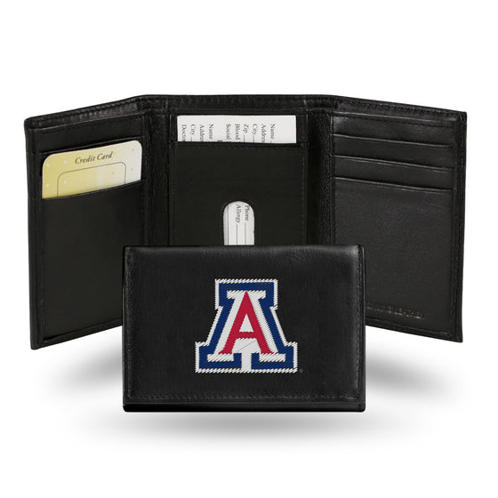 NCAA  Arizona Wildcats  Embroidered Genuine Leather Tri-fold Wallet 3.25" x 4.25" - Slim