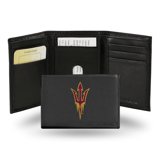 NCAA  Arizona State Sun Devils Standard Embroidered Genuine Leather Tri-fold Wallet 3.25" x 4.25" - Slim