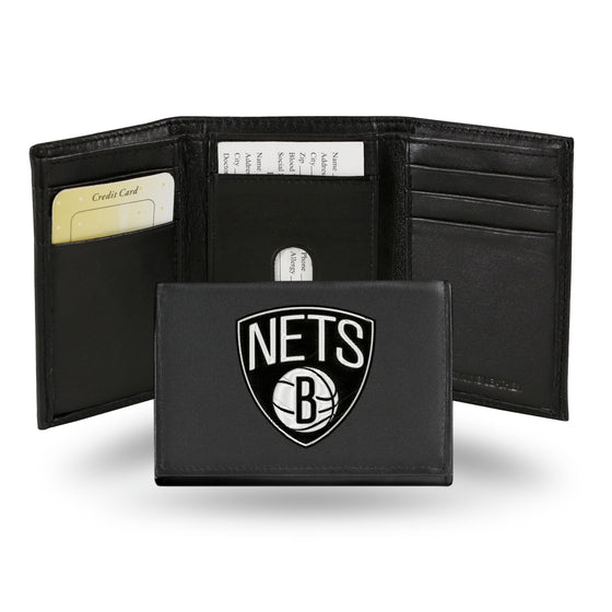 NBA Basketball Brooklyn Nets  Embroidered Genuine Leather Tri-fold Wallet 3.25" x 4.25" - Slim