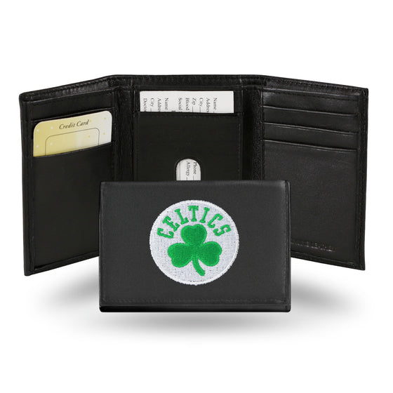 NBA Basketball Boston Celtics  Embroidered Genuine Leather Tri-fold Wallet 3.25" x 4.25" - Slim