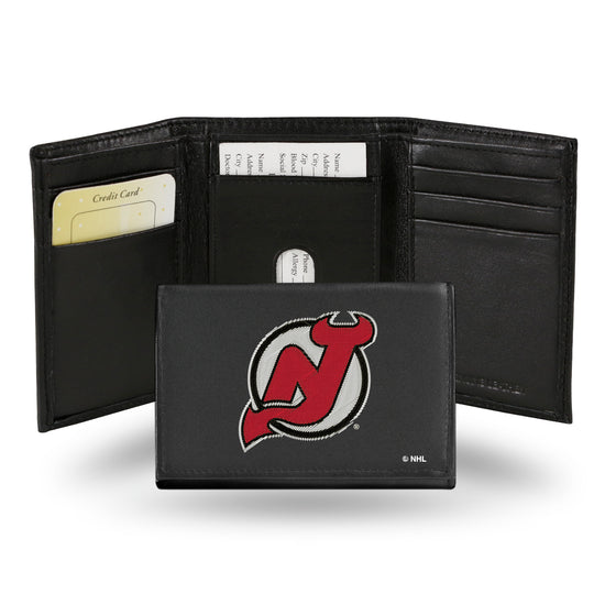 NHL Hockey New Jersey Devils  Embroidered Genuine Leather Tri-fold Wallet 3.25" x 4.25" - Slim