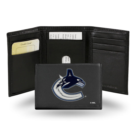 NHL Hockey Vancouver Canucks  Embroidered Genuine Leather Tri-fold Wallet 3.25" x 4.25" - Slim