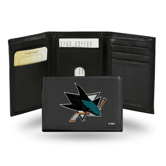 NHL Hockey San Jose Sharks  Embroidered Genuine Leather Tri-fold Wallet 3.25" x 4.25" - Slim