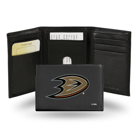 NHL Hockey Anaheim Ducks  Embroidered Genuine Leather Tri-fold Wallet 3.25" x 4.25" - Slim