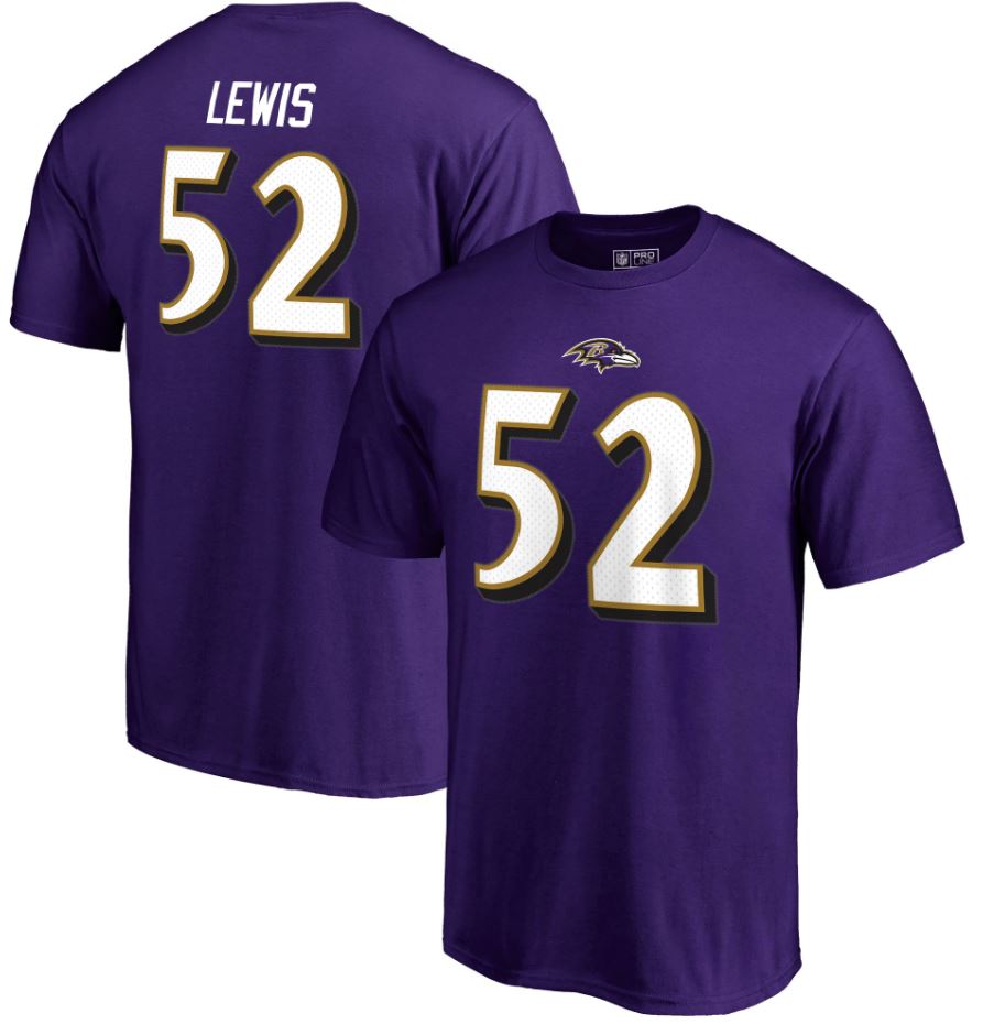 Ray Lewis Baltimore Ravens NFL Pro Line Retired Player Authentic Stack Name & Number Purple T-Shirt - Sports Collectibles, Sports Memorabilia, Sports Fan Shop, Sports Gifts