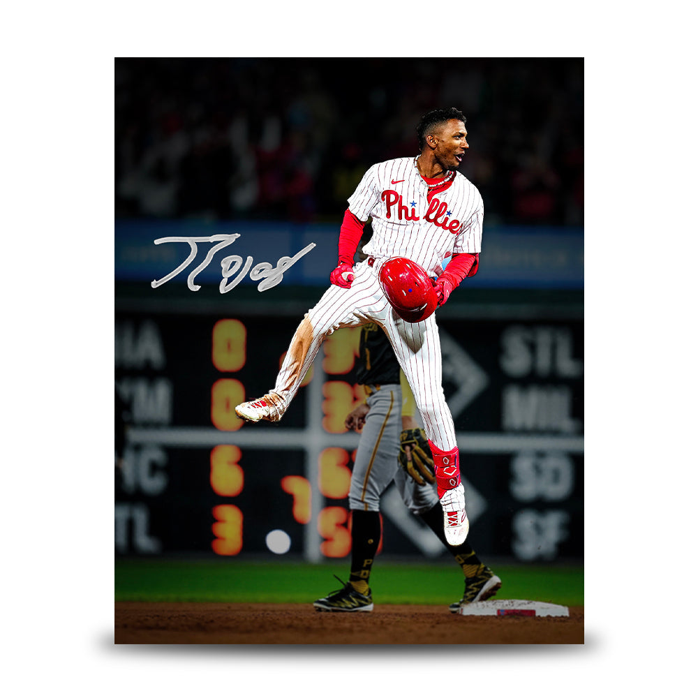 Johan Rojas Jumping on Base Philadelphia Phillies Autographed 8" x 10" Baseball Photo - Sports Collectibles, Sports Memorabilia, Sports Fan Shop, Sports Gifts