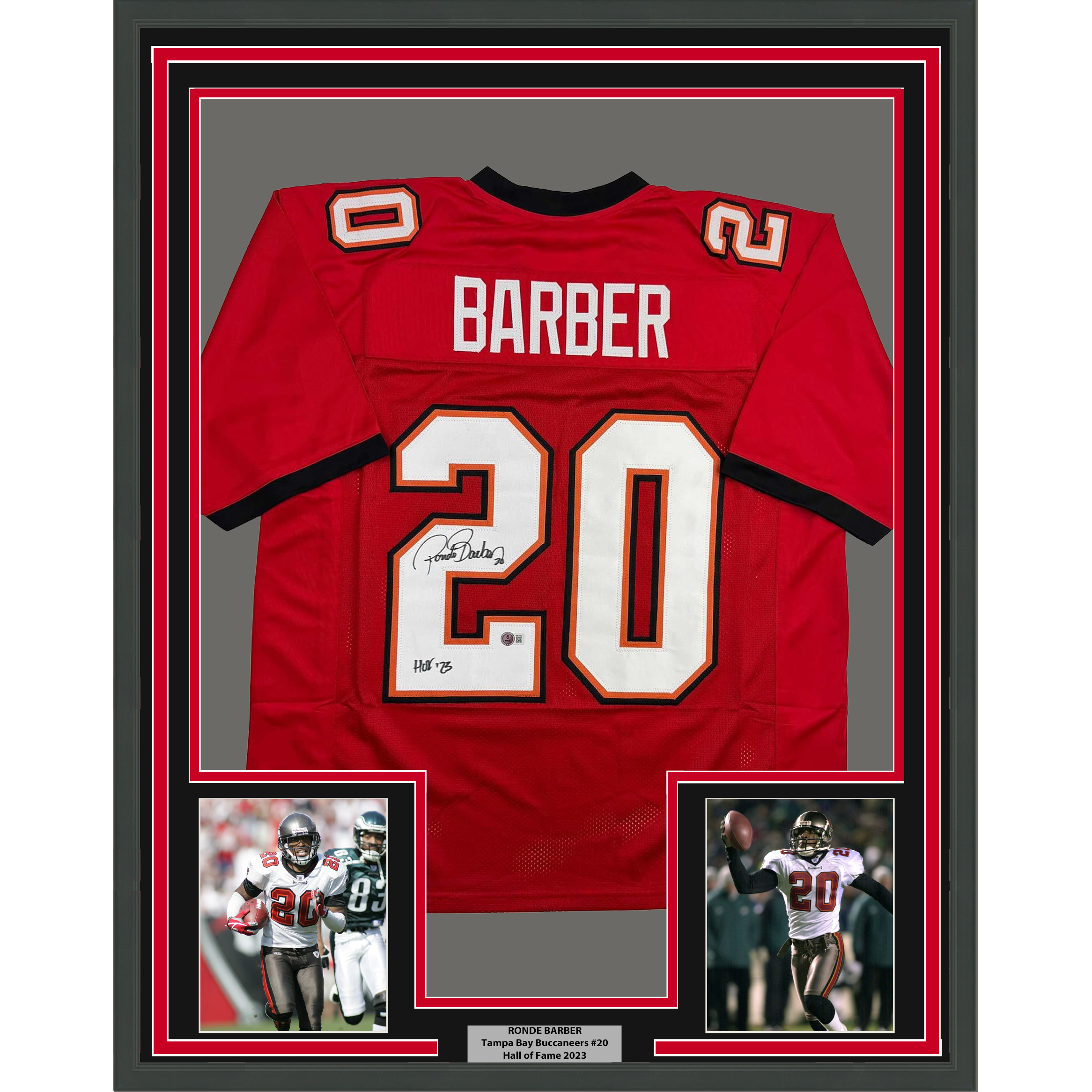 Framed Autographed/Signed Ronde Barber HOF 23 35x39 Tampa Bay Red Football Jersey Beckett BAS COA