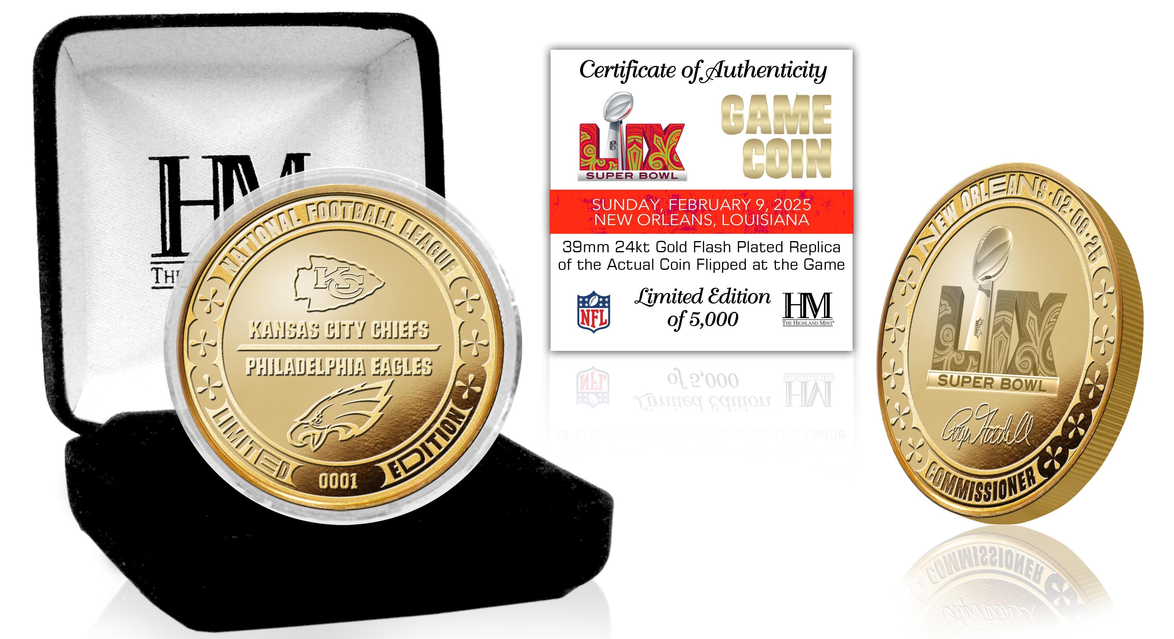 Super Bowl LIX 59 Gold Mint Flip Coin - Philadelphia Eagles v Kansas City Chiefs - Sports Collectibles, Sports Memorabilia, Sports Fan Shop, Sports Gifts