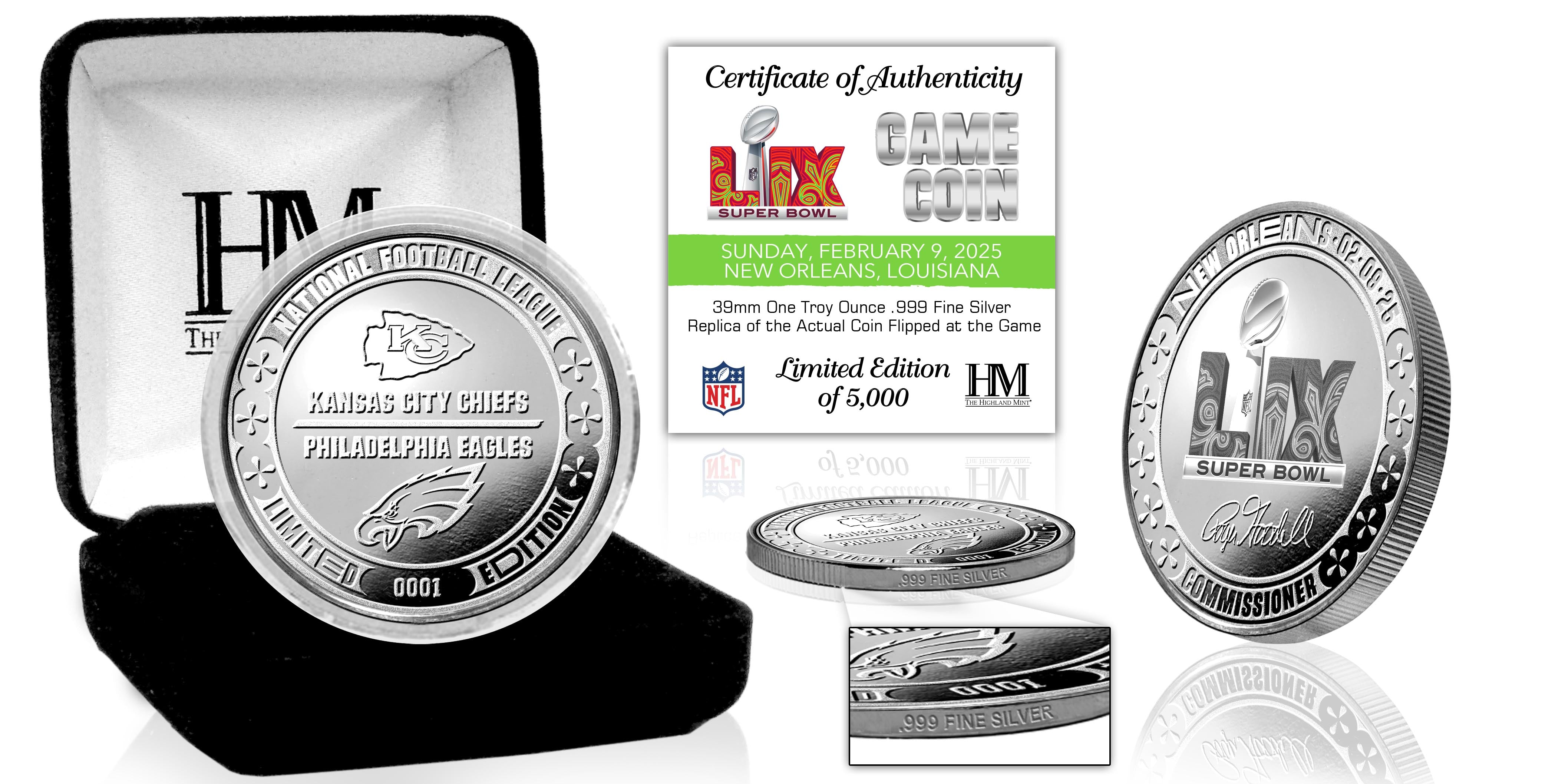 Super Bowl LIX 59 1oz .999 Fine Silver Flip Coin - Philadelphia Eagles v Kansas City Chiefs - Sports Collectibles, Sports Memorabilia, Sports Fan Shop, Sports Gifts