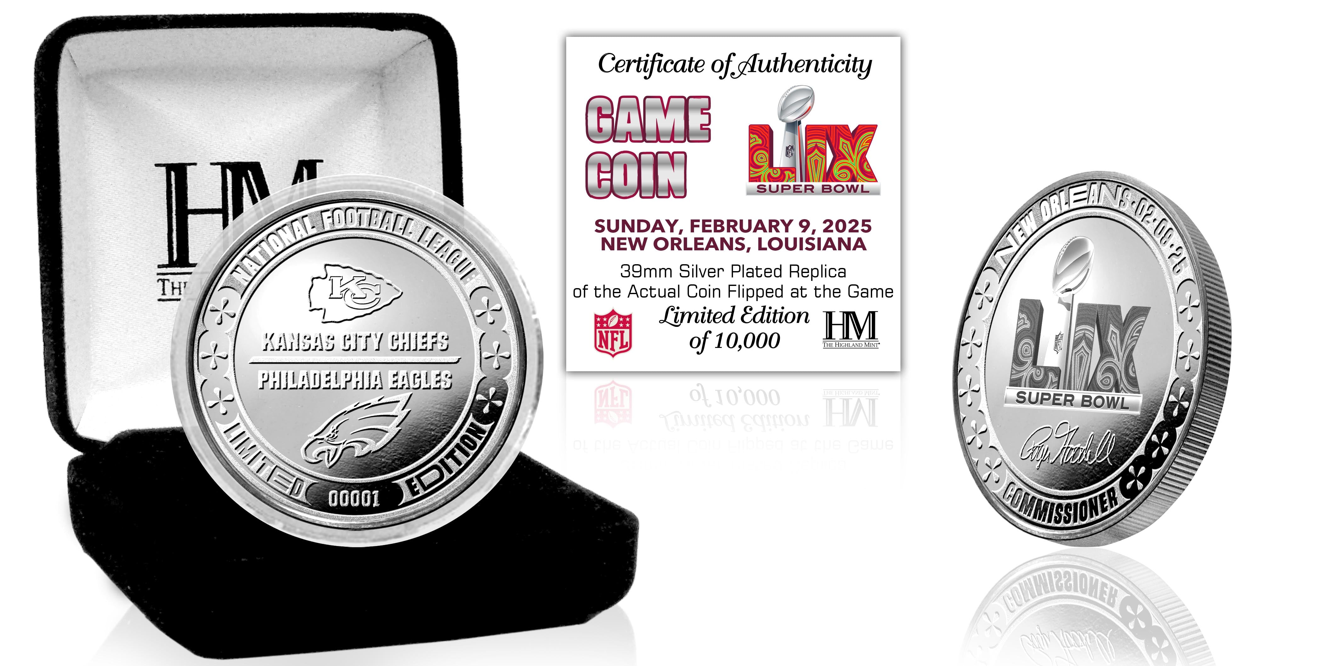 Super Bowl LIX 59 Silver Flip Coin - Philadelphia Eagles v Kansas City Chiefs - Sports Collectibles, Sports Memorabilia, Sports Fan Shop, Sports Gifts