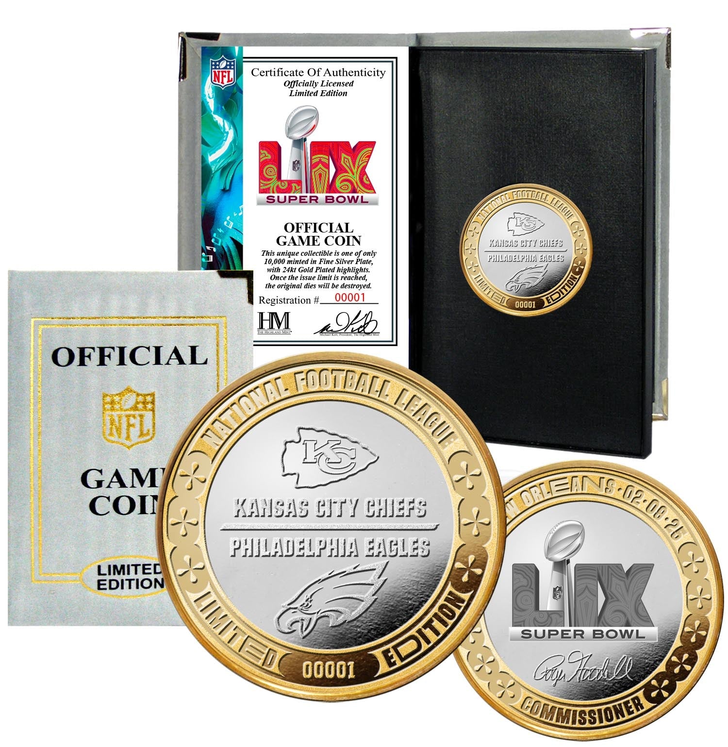 Super Bowl LIX 59 Gold and Silver 2-Tone Flip Coin - Philadelphia Eagles v Kansas City Chiefs - Sports Collectibles, Sports Memorabilia, Sports Fan Shop, Sports Gifts