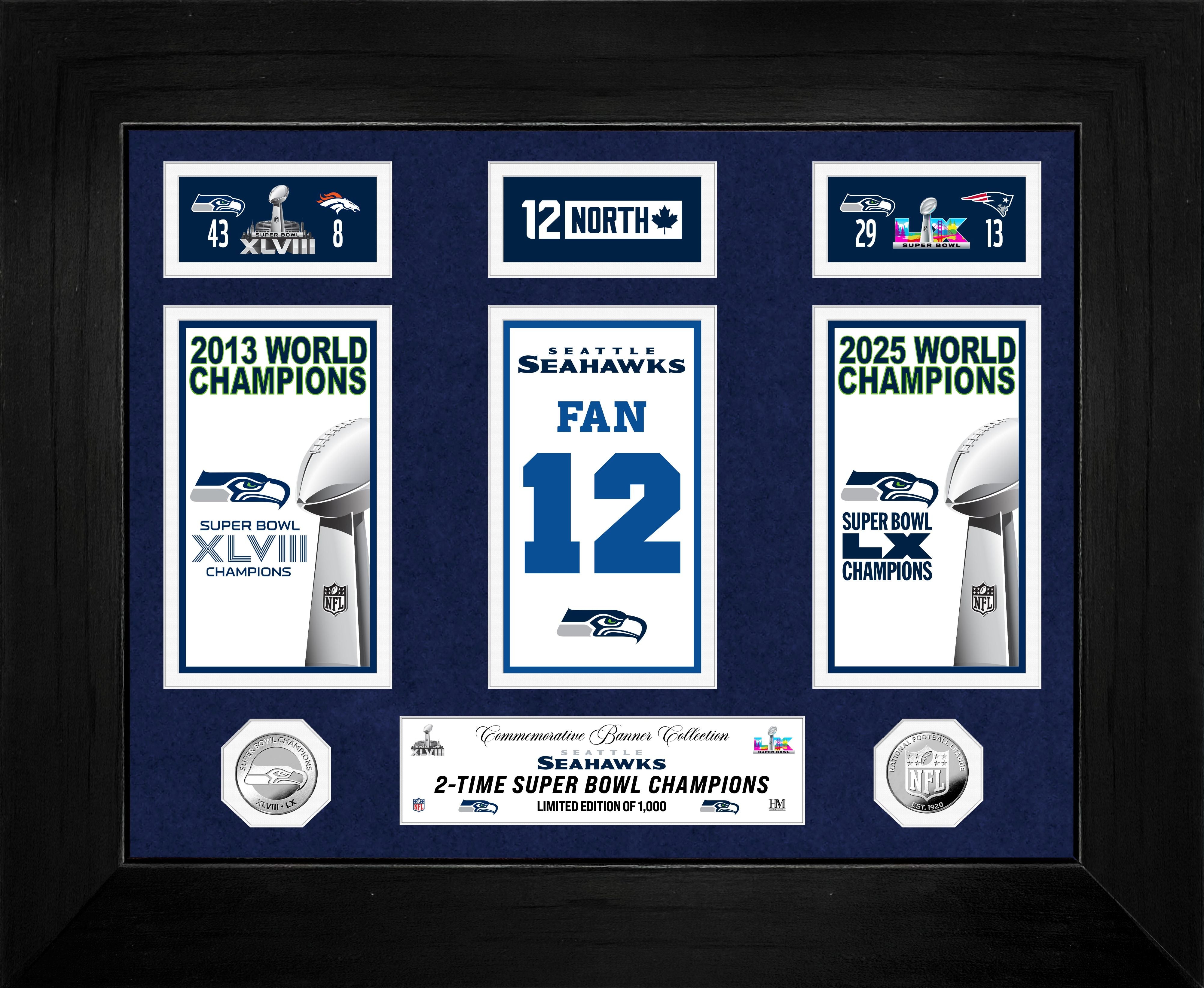 Seattle Seahawks Super Bowl Deluxe Champions Banner Collection Silver Coin Photo Mint