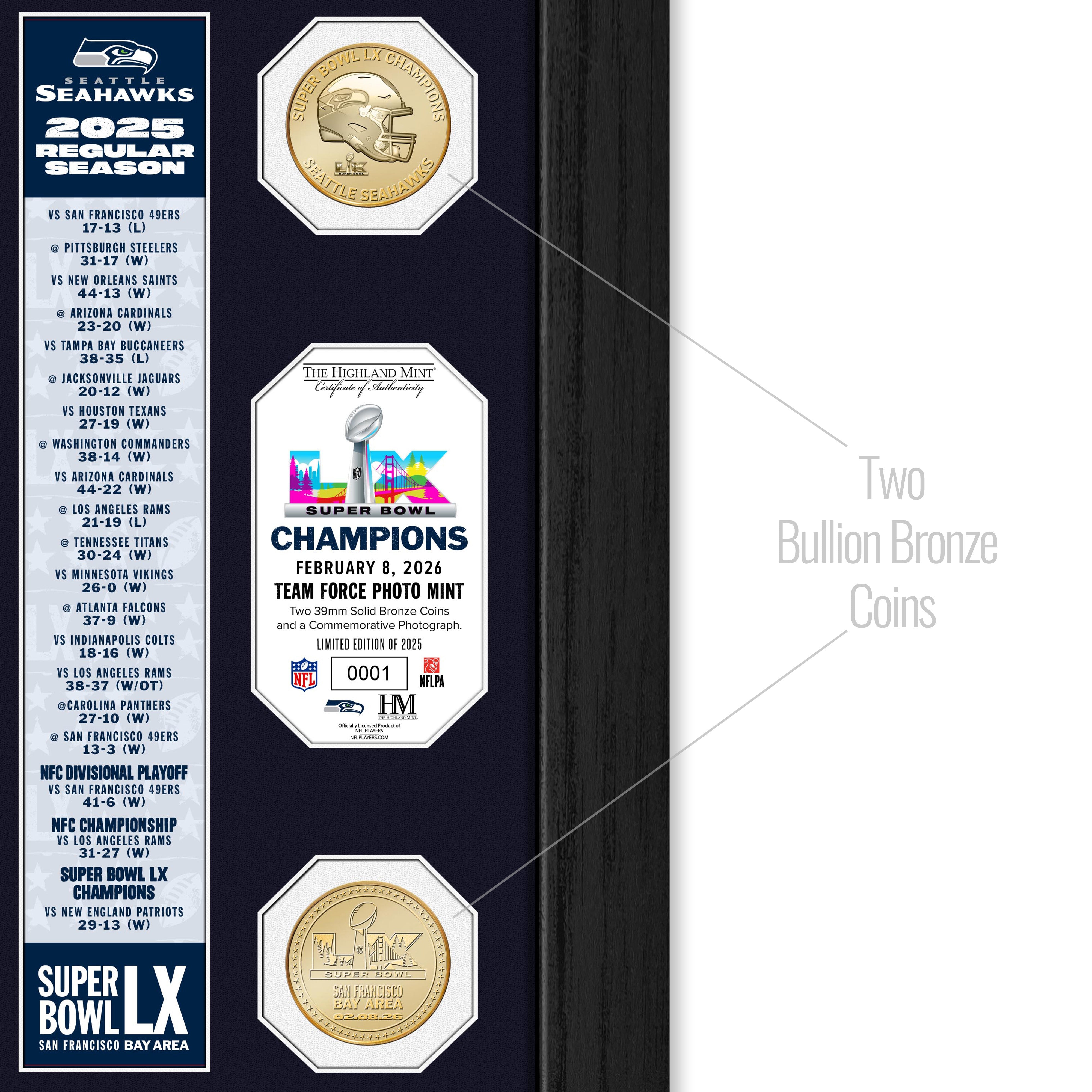 Seattle Seahawks Super Bowl LX Champions Team Force Bronze Coin Photo Mint - Sports Gifts, Sports Memorabilia, Sports Collectibles, Fan Shop