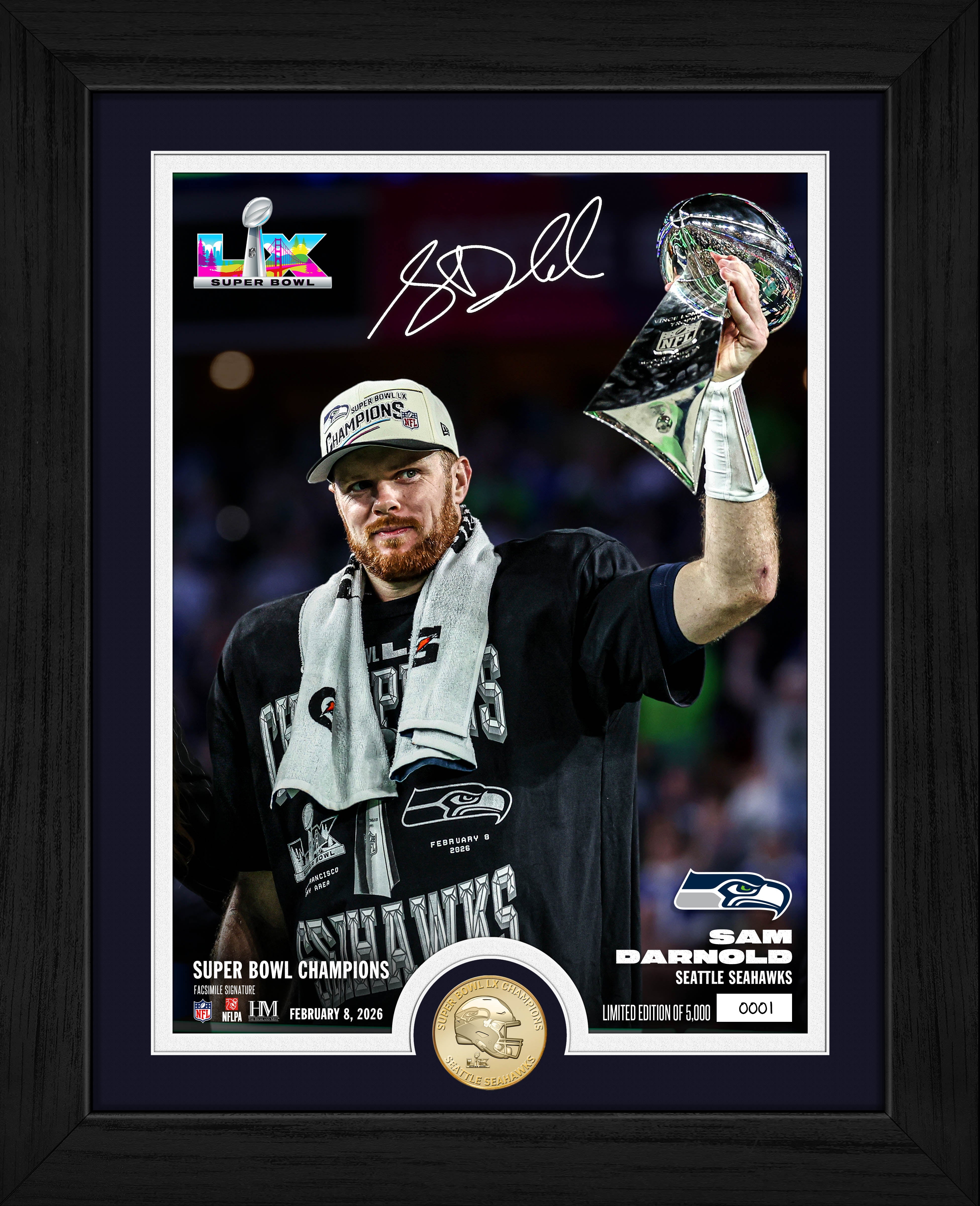 Sam Darnold Super Bowl LX Lombardi Trophy Bronze Coin Photo Mint