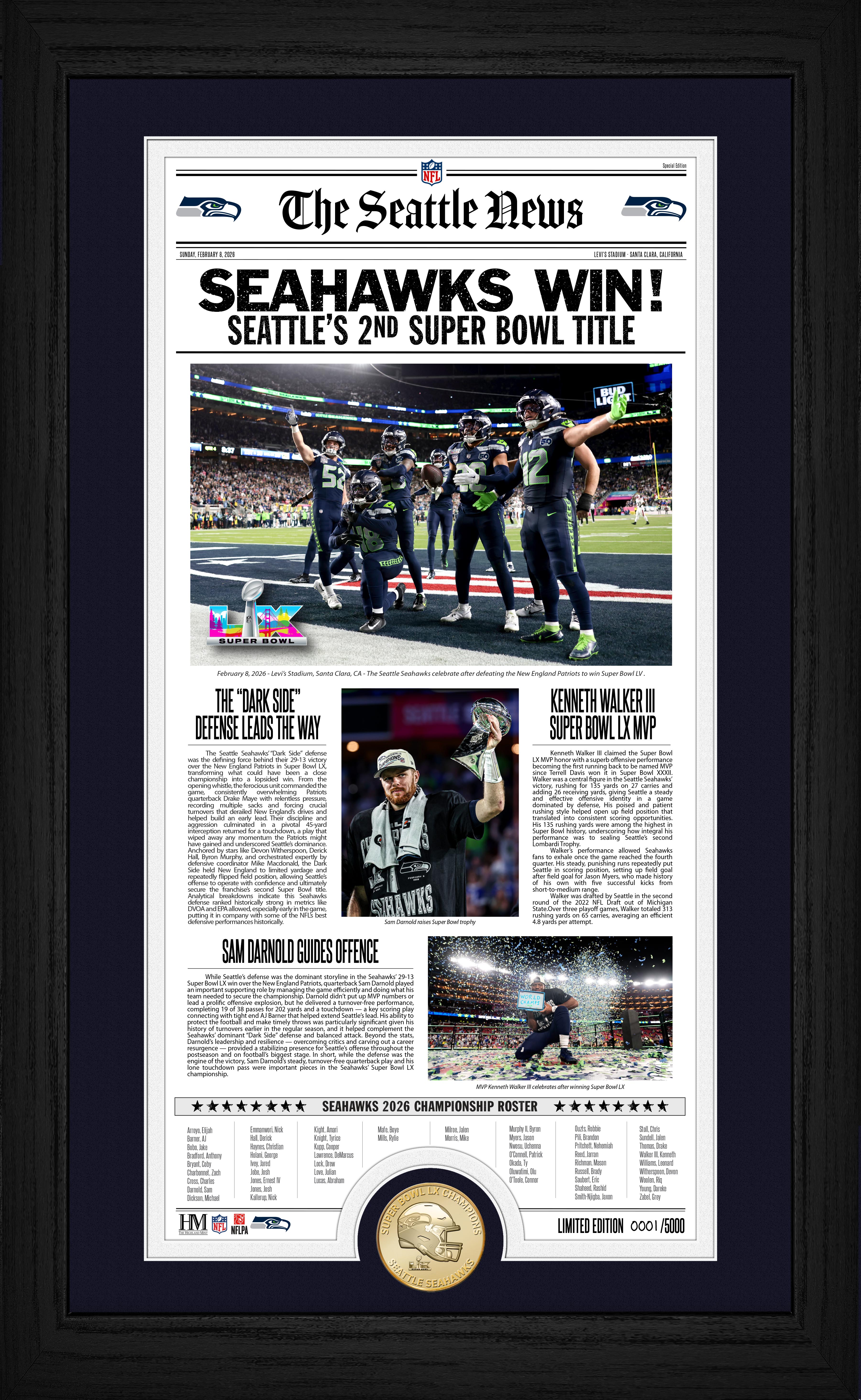 Seattle Seahawks Super Bowl LX Champions Front Page News Bronze Coin Photo Mint