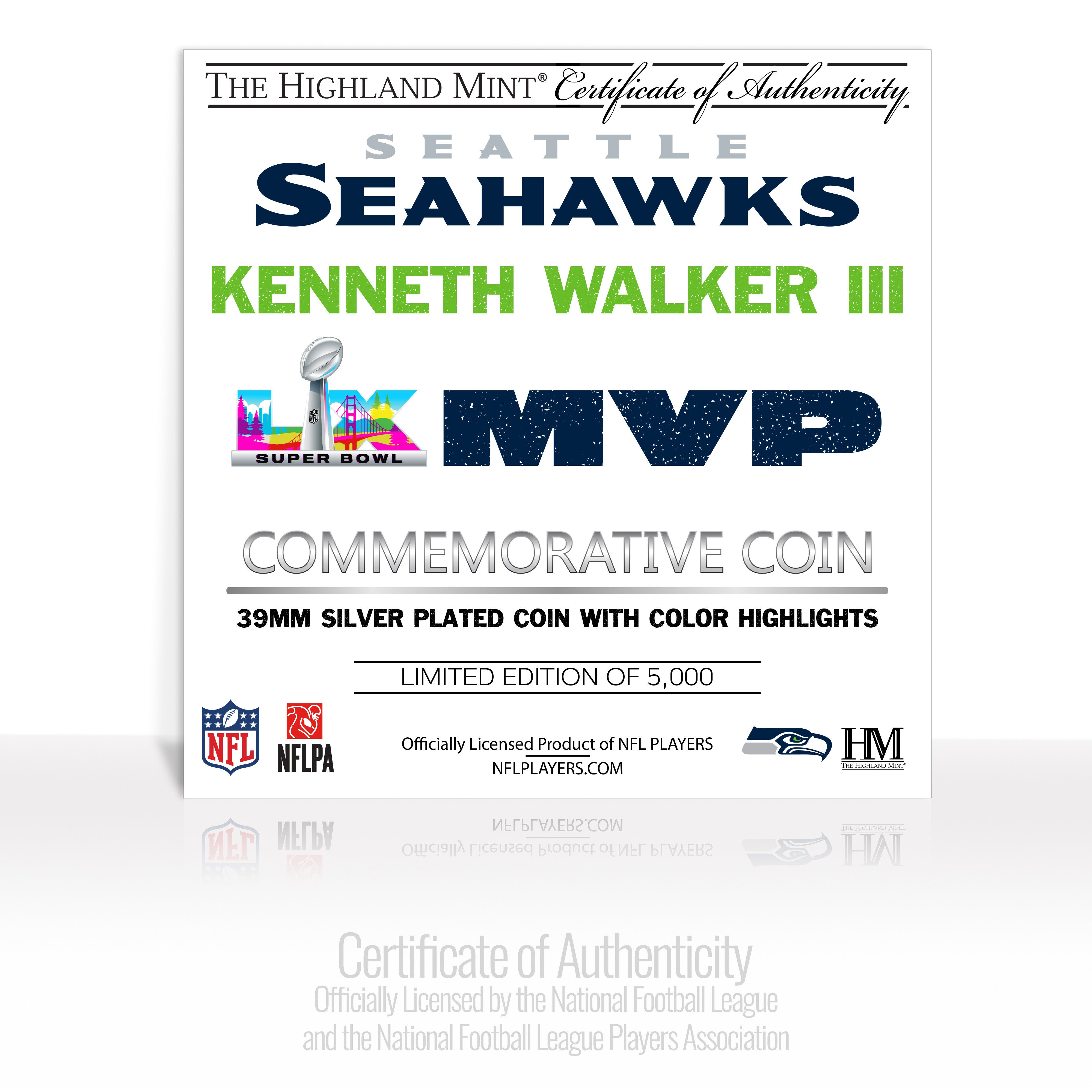 Seattle Seahawks Kenneth Walker III Super Bowl LX MVP Silver Plated Color Coin - Sports Gifts, Sports Memorabilia, Sports Collectibles, Fan Shop