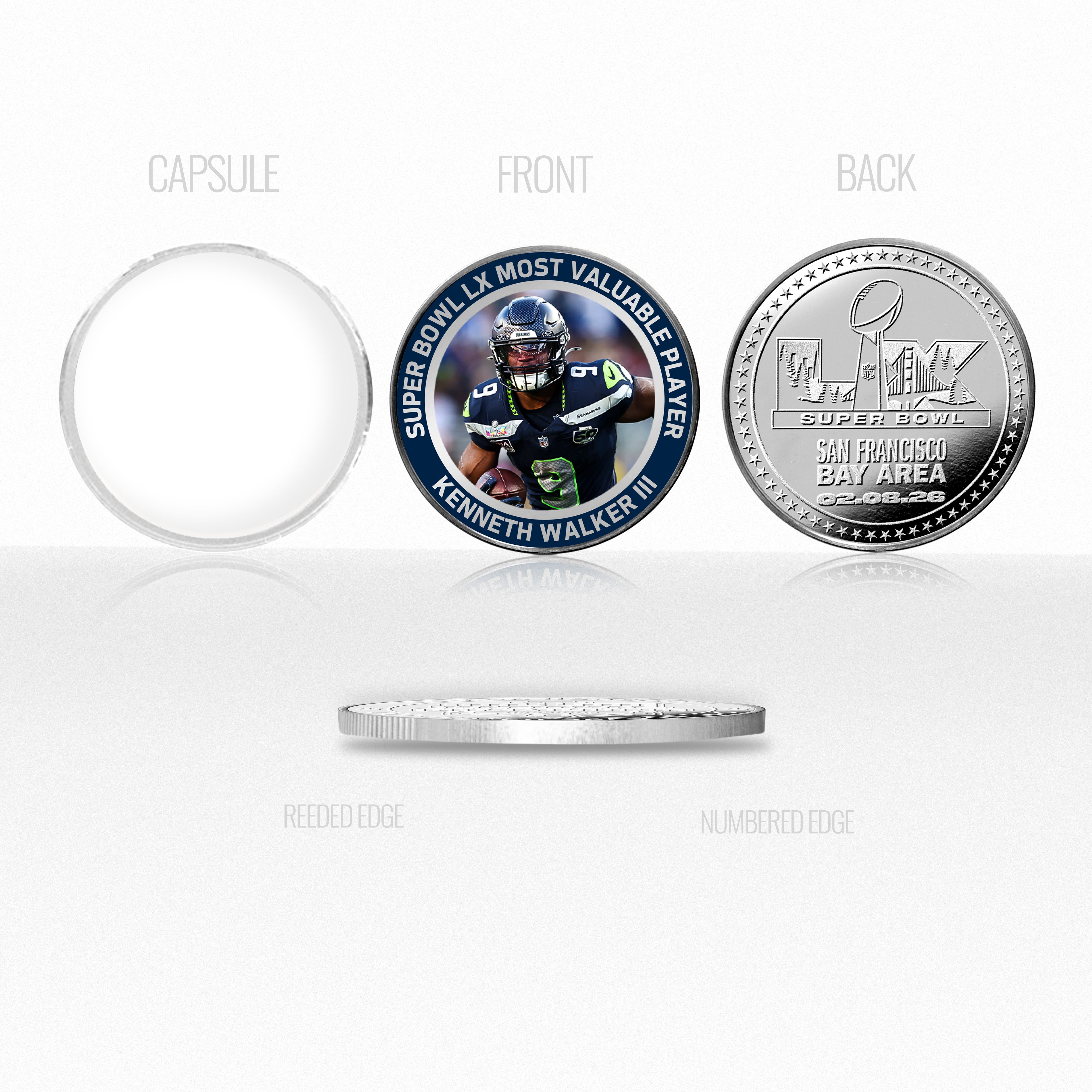 Seattle Seahawks Kenneth Walker III Super Bowl LX MVP Silver Plated Color Coin - Sports Gifts, Sports Memorabilia, Sports Collectibles, Fan Shop