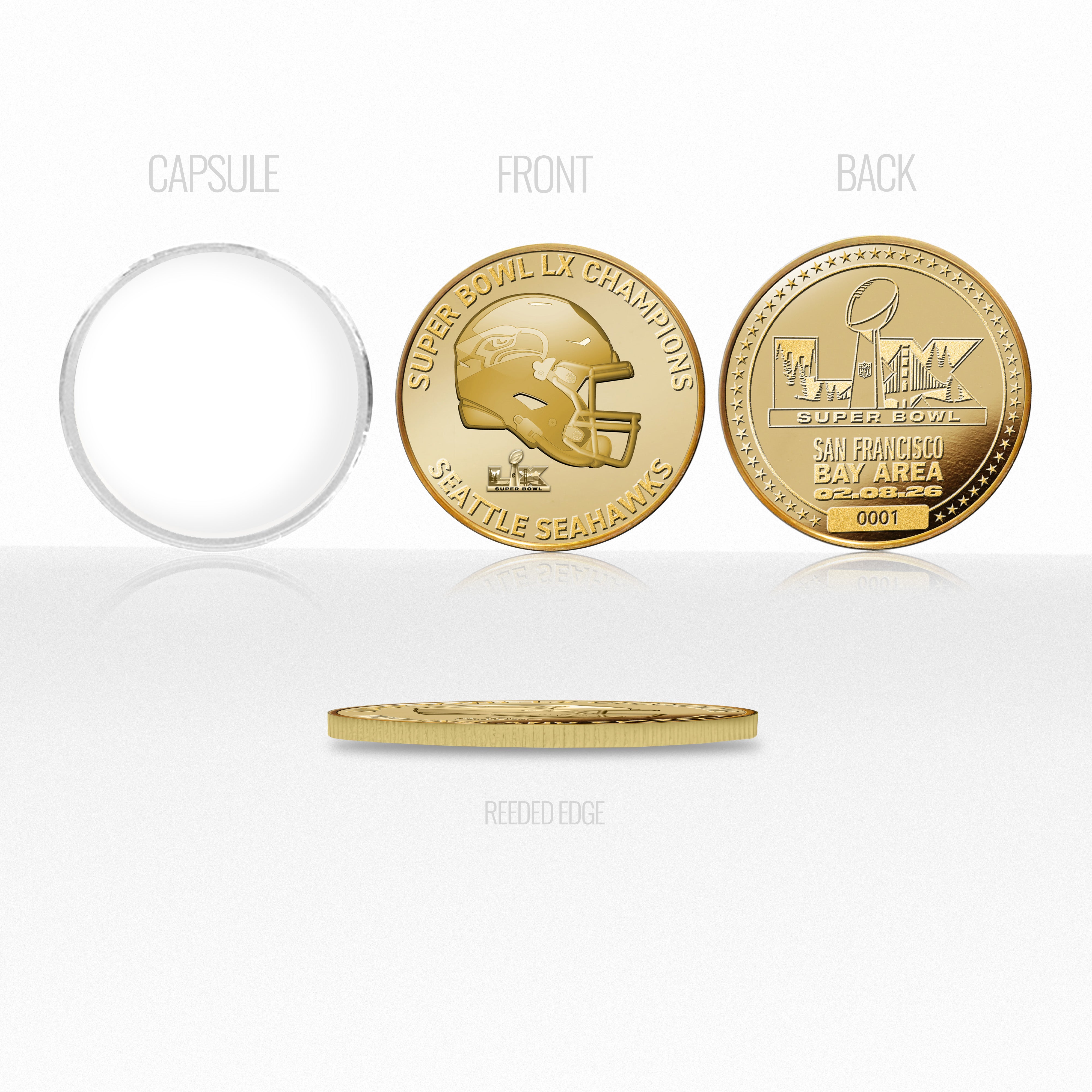 Seattle Seahawks Super Bowl LX Champions Gold Plated Coin - Sports Gifts, Sports Memorabilia, Sports Collectibles, Fan Shop