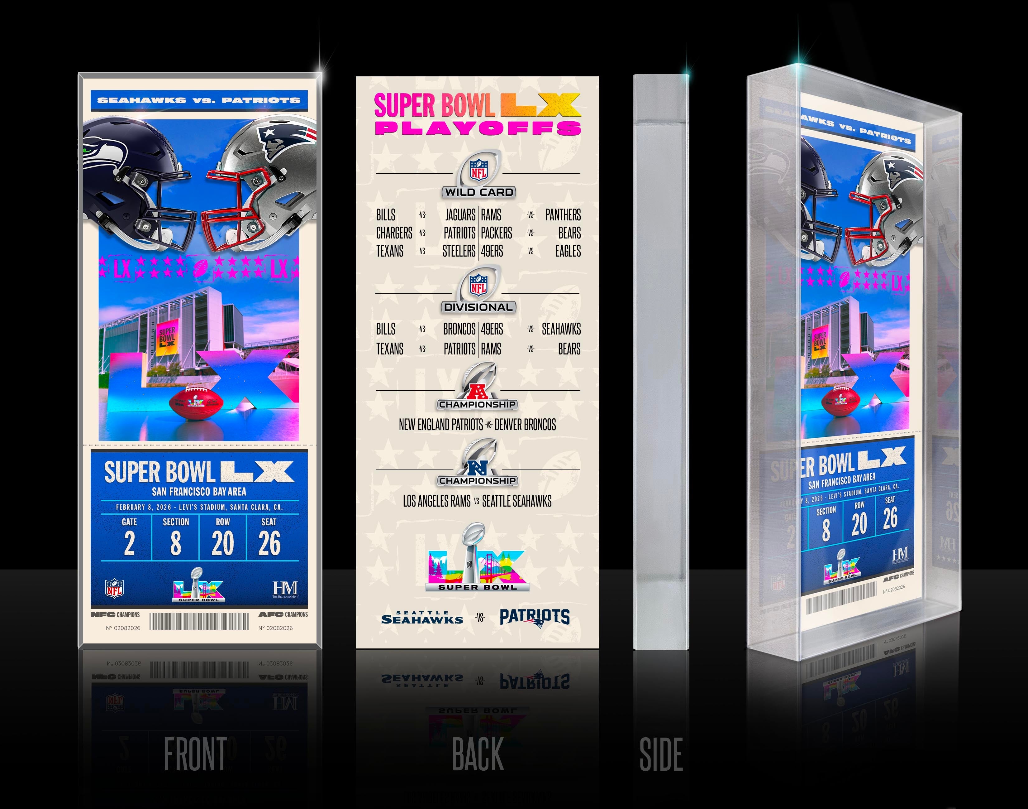 New England Patriots vs. Seattle Seahawks Super Bowl LX Ticket Acrylic 3D Block