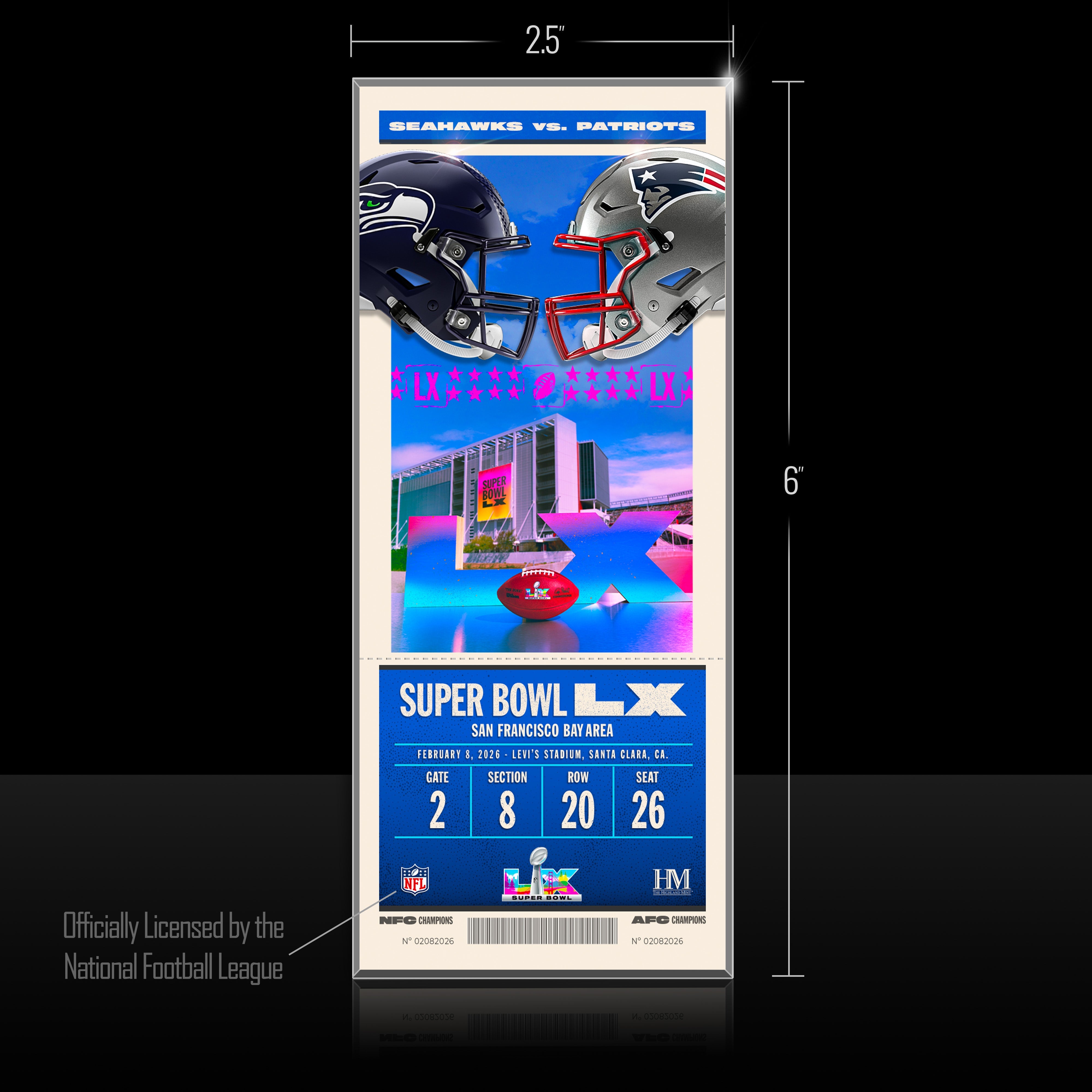 New England Patriots vs. Seattle Seahawks Super Bowl LX Ticket Acrylic 3D Block - Sports Gifts, Sports Memorabilia, Sports Collectibles, Fan Shop