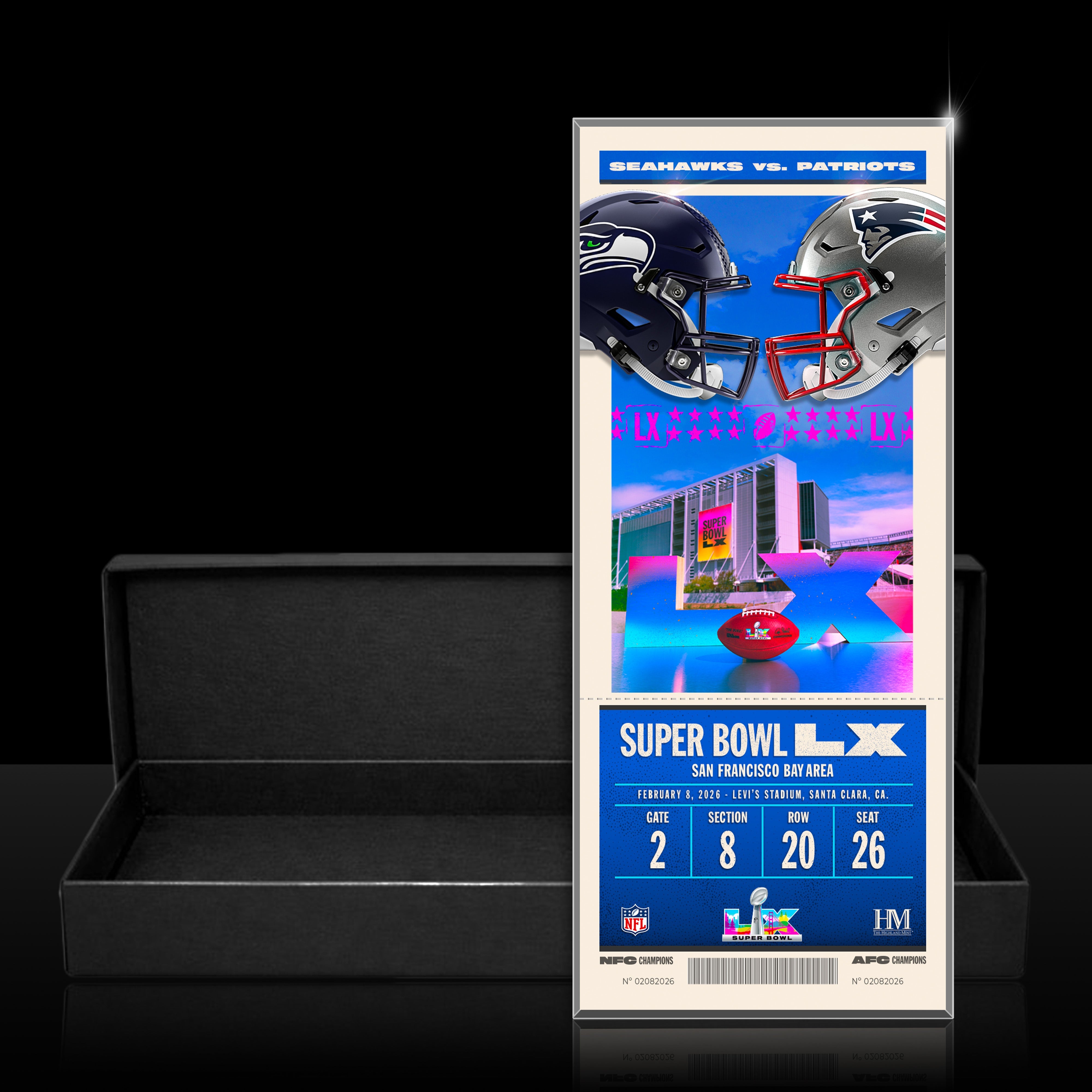 New England Patriots vs. Seattle Seahawks Super Bowl LX Ticket Acrylic 3D Block - Sports Gifts, Sports Memorabilia, Sports Collectibles, Fan Shop