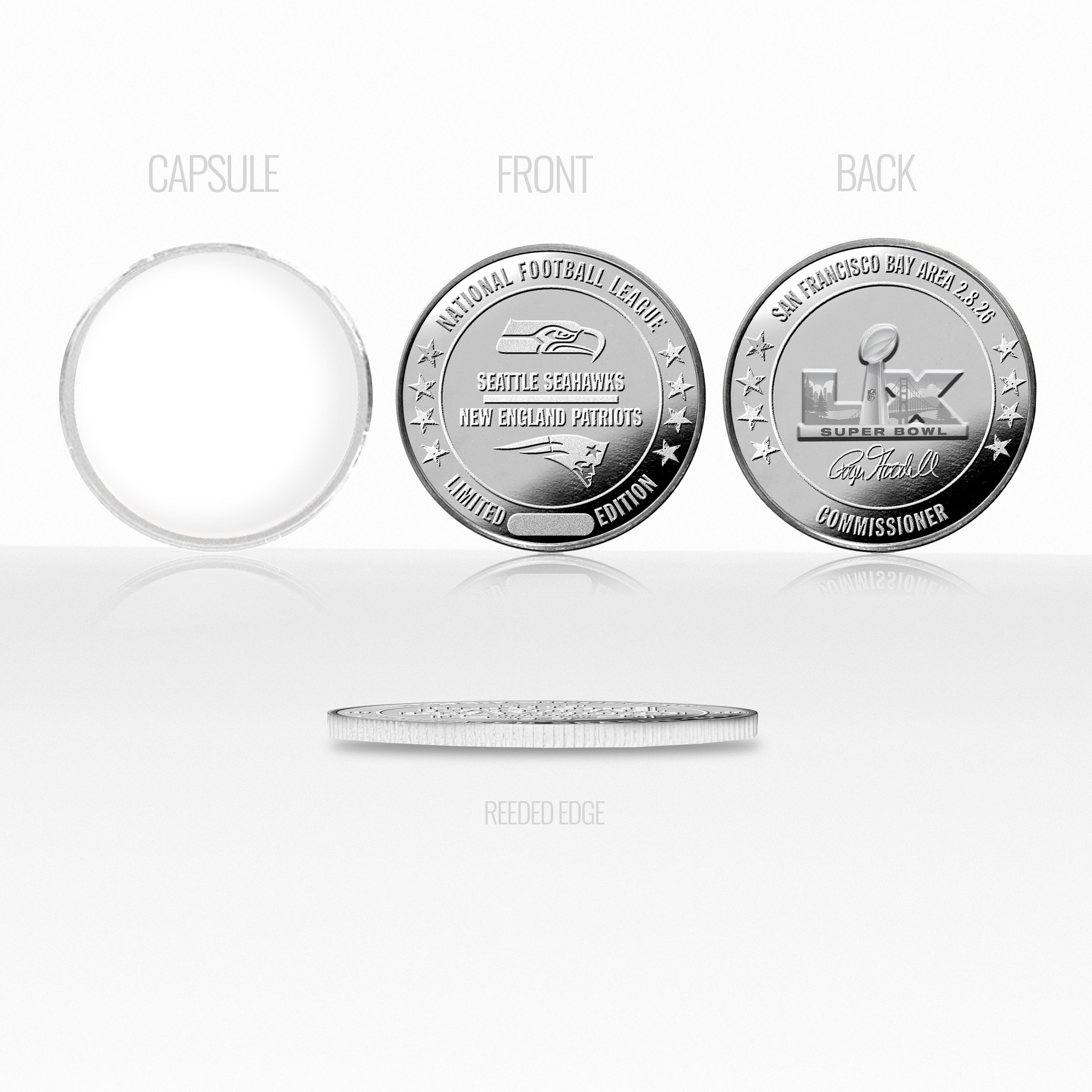 New England Patriots vs. Seattle Seahawks Super Bowl LX Silver Plated Game Coin - Sports Gifts, Sports Memorabilia, Sports Collectibles, Fan Shop
