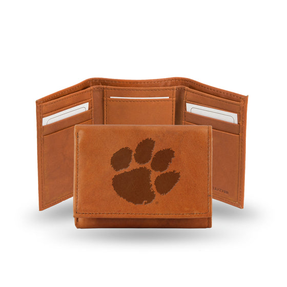NCAA  Clemson Tigers  Brown Embossed Genuine Leather Tri-Fold Wallet