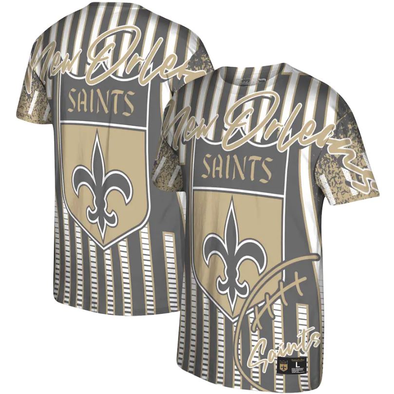 New Orleans Saints Mitchell & Ness Heather Black Jumbotron T-Shirt showcasing bold graphics and classic design.